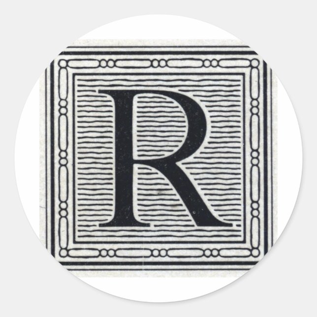 Block Letter "R" Woodcut Woodblock Inital Classic Round Sticker (Front)