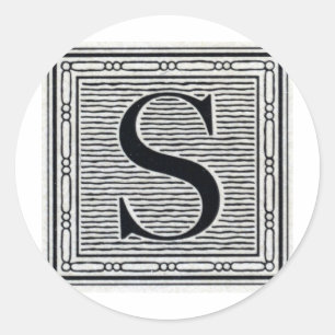 Block Letter "S" Woodcut Woodblock Inital Classic Round Sticker
