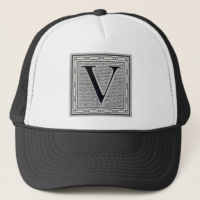 Block Letter "V" Woodcut Woodblock Inital Trucker Hat (Front)