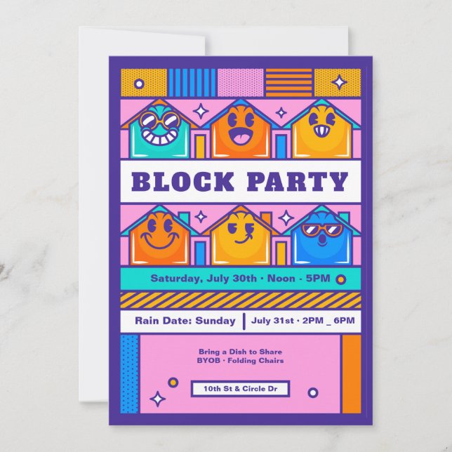 Block Party Houses Invitation (Front)