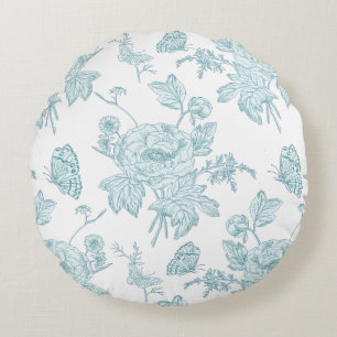 Block Print Aqua Round Throw Pillow