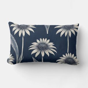Block print blue and white Coneflower Lumbar Cushion