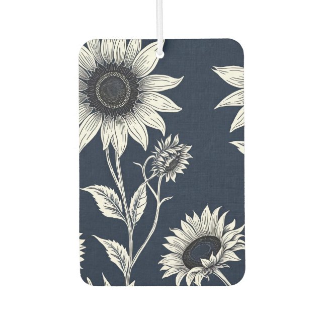 Block print blue and white Sunflowers Car Air Freshener (Front)