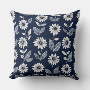 Block print  boho floral blue and white  cushion
