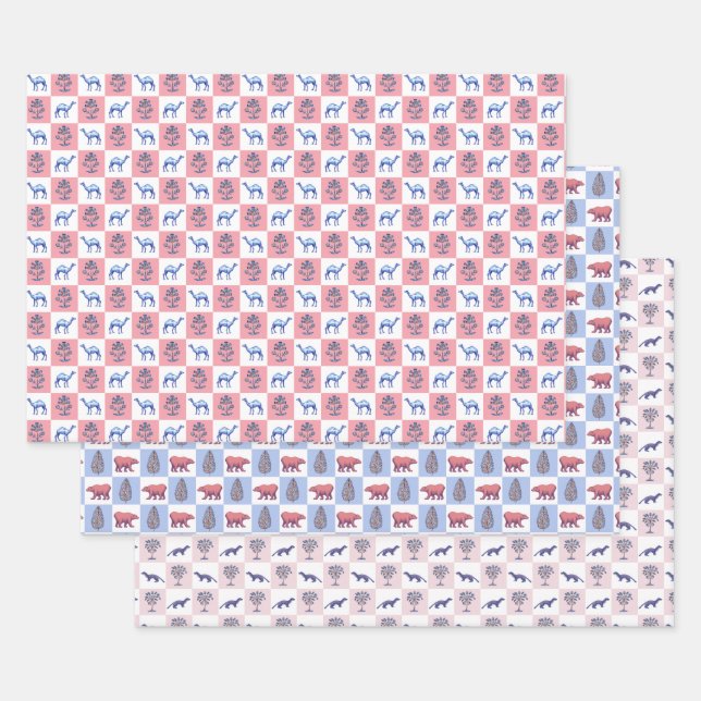 Block Print Botanicals and Animals Wrapping Paper Sheet (Set)