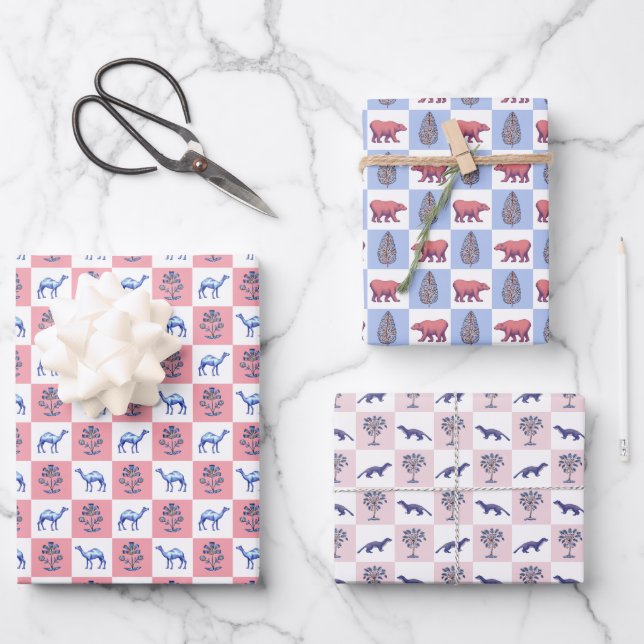 Block Print Botanicals and Animals Wrapping Paper Sheet (Front)