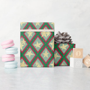 Block Print Christmas Stars - Red, Green & Yellow Wrapping Paper