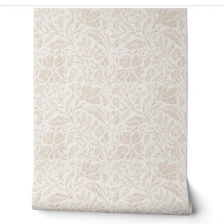 Block print floral neutral beige on white wallpaper
