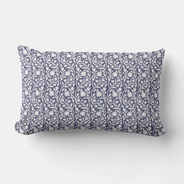 Block print inspired blue\navy floral  lumbar cushion (Front)