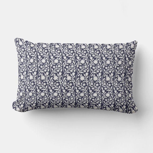Block print inspired navy floral  lumbar cushion (Front)