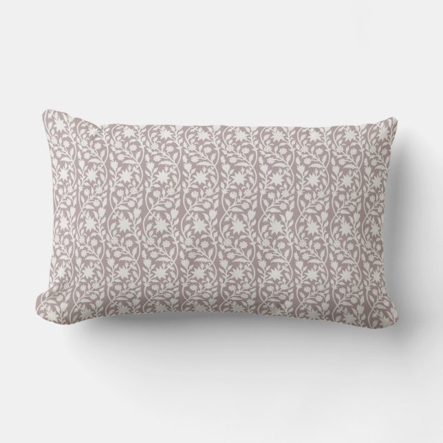 Block print inspired taupe floral  lumbar cushion (Front)
