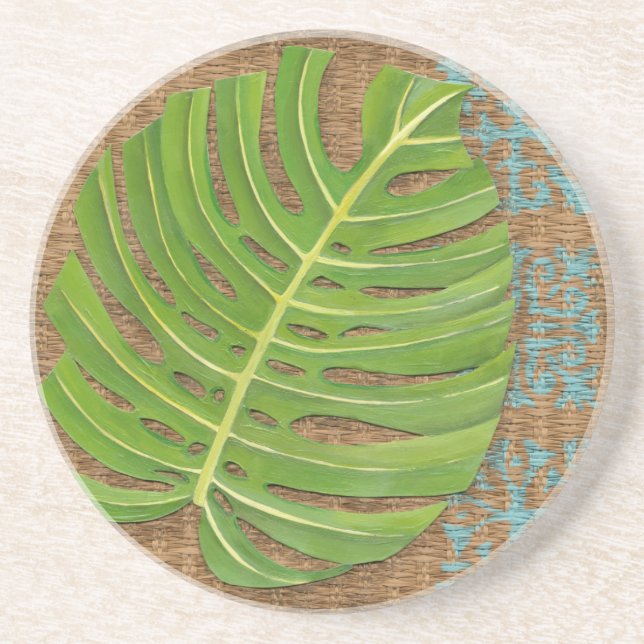 Block Print Palm on Wicker Background Coaster (Front)
