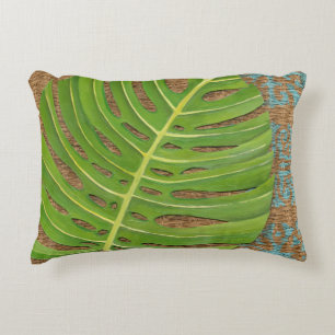 Block Print Palm on Wicker Background Decorative Cushion