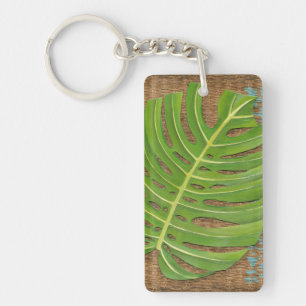 Block Print Palm on Wicker Background Key Ring