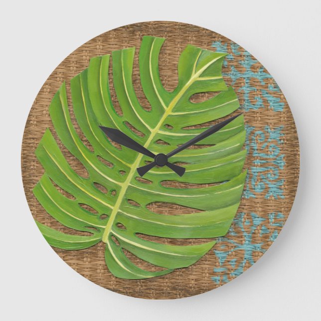 Block Print Palm on Wicker Background Large Clock (Front)