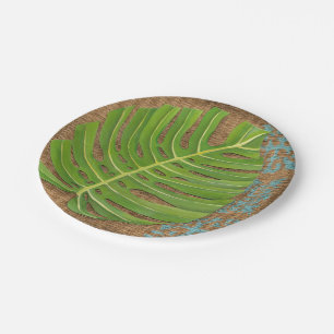 Block Print Palm on Wicker Background Paper Plate