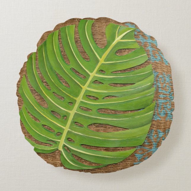 Block Print Palm on Wicker Background Round Cushion (Front)