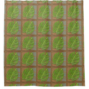 Block Print Palm on Wicker Background Shower Curtain