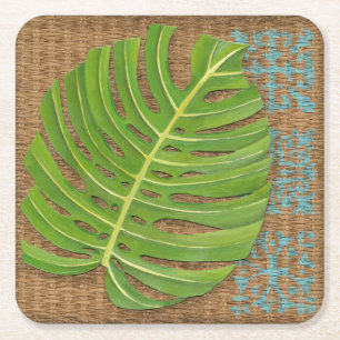 Block Print Palm on Wicker Background Square Paper Coaster