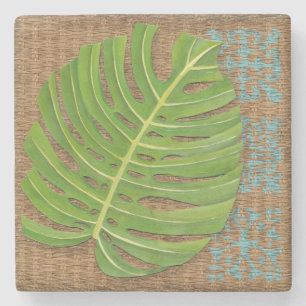 Block Print Palm on Wicker Background Stone Coaster