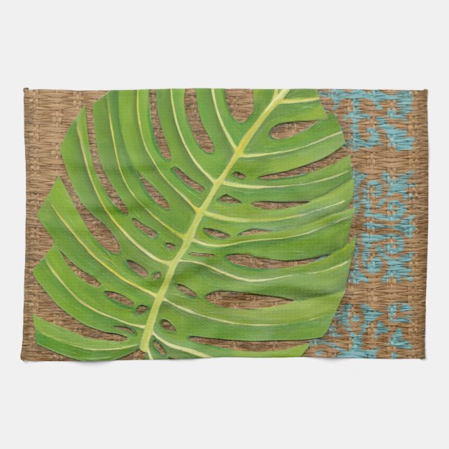 Block Print Palm on Wicker Background Tea Towel (Horizontal)