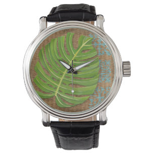 Block Print Palm on Wicker Background Watch
