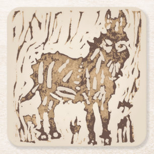 Block Print Sheep Donkey Quilt - brown donkey. Square Paper Coaster