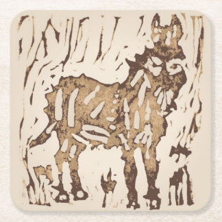 Block Print Sheep Donkey Quilt - brown donkey. Square Paper Coaster