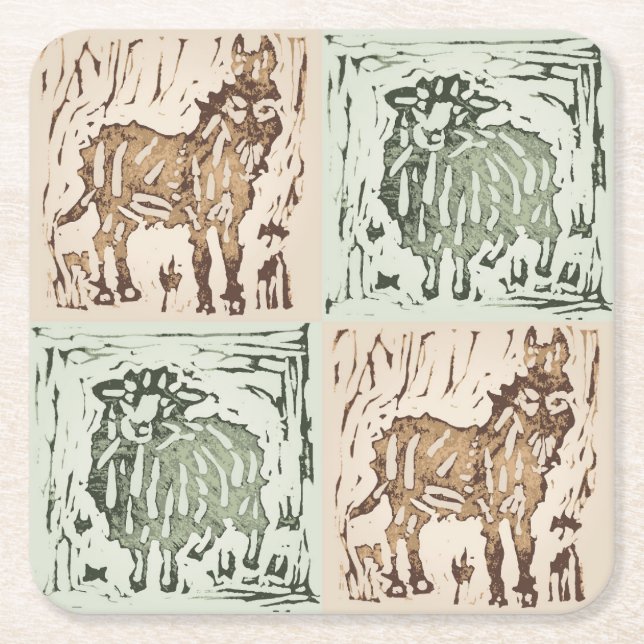 Block Print Sheep Donkey Quilt - farm animals. Square Paper Coaster (Front)