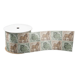 Block Print Sheep Donkey Quilt - Green Brown. Satin Ribbon