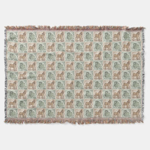 Block Print Sheep Donkey Quilt - Green Brown. Throw Blanket