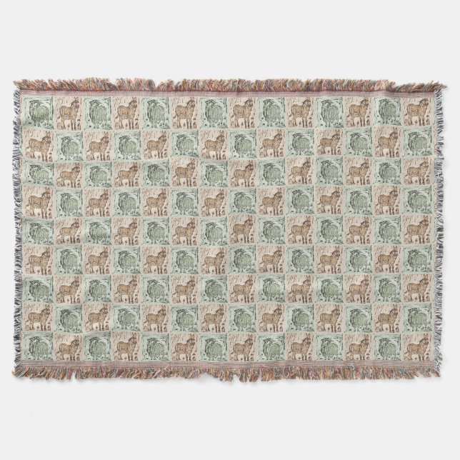 Block Print Sheep Donkey Quilt - Green Brown. Throw Blanket (Front)