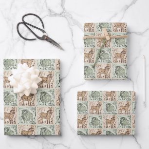 Block Print Sheep Donkey Quilt - Green Brown. Wrapping Paper Sheet