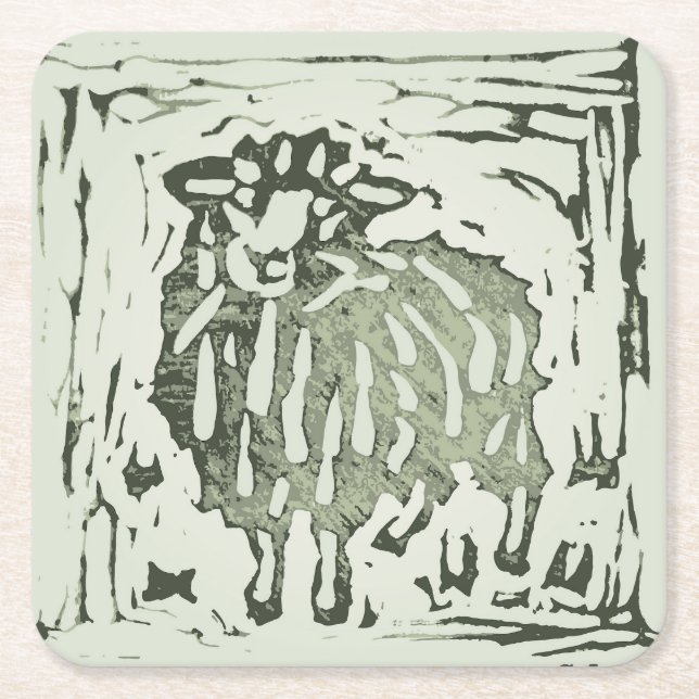 Block Print Sheep Donkey Quilt - green sheep. Square Paper Coaster (Front)