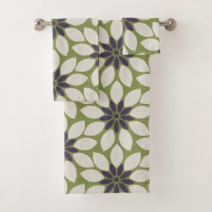 Block Print Tiled Flowers blue cream green Bath Towel Set