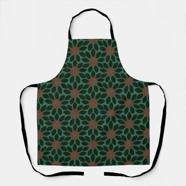 Block Print Tiled Flowers dark green red Apron (Front)