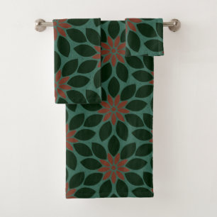 Block Print Tiled Flowers dark green red Bath Towel Set