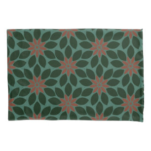 Block Print Tiled Flowers dark green red Pillowcase