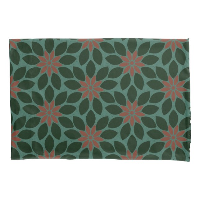 Block Print Tiled Flowers dark green red Pillowcase (Front-Left)