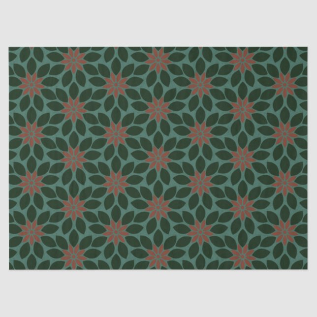 Block Print Tiled Flowers dark green red Tissue Paper (Front)