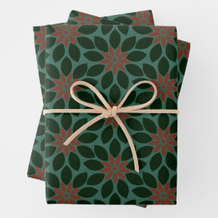 Block Print Tiled Flowers dark green red Wrapping Paper Sheet
