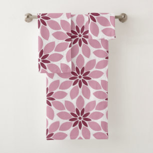 Block Print Tiled Flowers pink red Bath Towel Set
