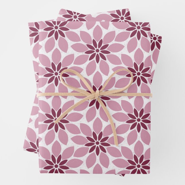 Block Print Tiled Flowers pink red Wrapping Paper Sheet (In situ)