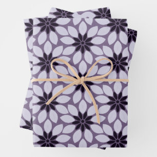 Block Print Tiled Flowers purple blue pink Wrapping Paper Sheet