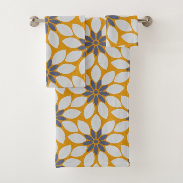 Block Print Tiled Flowers sunny yellow background Bath Towel Set (Insitu)