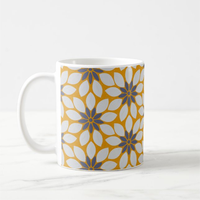 Block Print Tiled Flowers sunny yellow background Coffee Mug (Left)