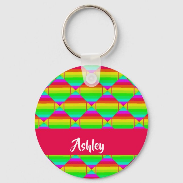 Blocked bright rainbow shapes key ring (Front)
