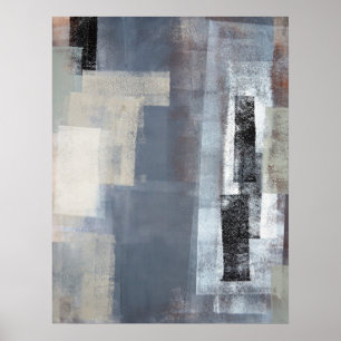 'Blocked' Grey and Beige Abstract Art Poster Print