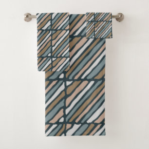 Blocks and lines (navy, brown and beige) bath towel set