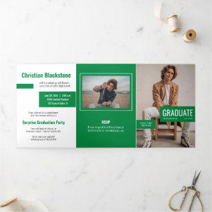 Blocks of Green Four-Photo Graduation Tri-Fold Inv Invitation